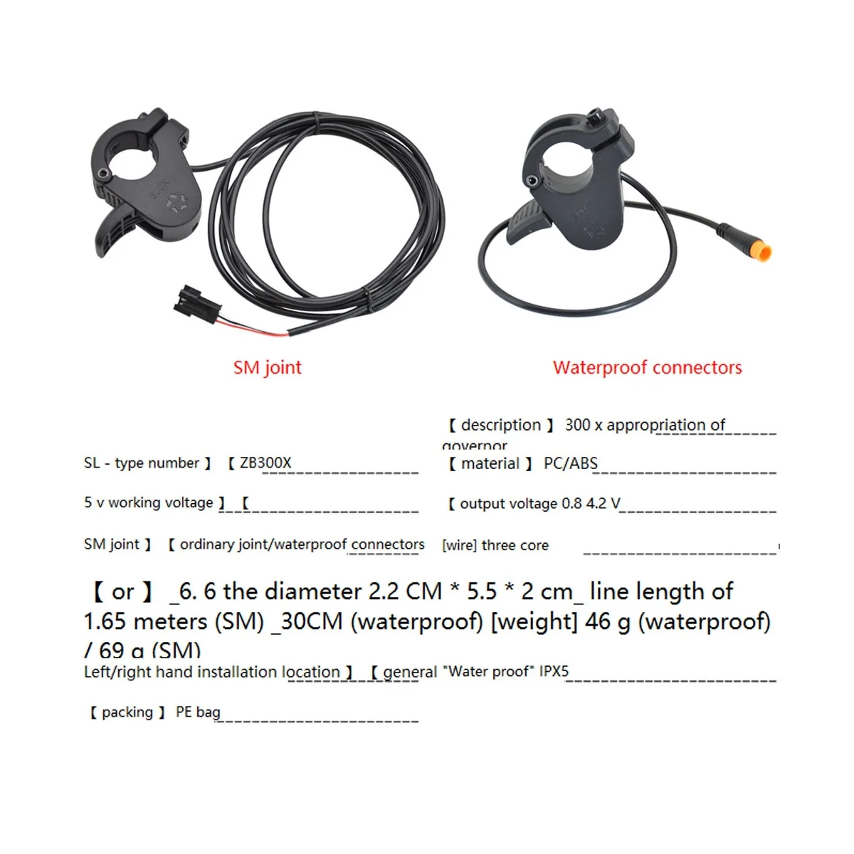 

Ebike Thumb Throttle 300X Right/Left Hand Throttle for 24V 36V 48V 72V Electric Bicycle Accelerator,Sm Plug