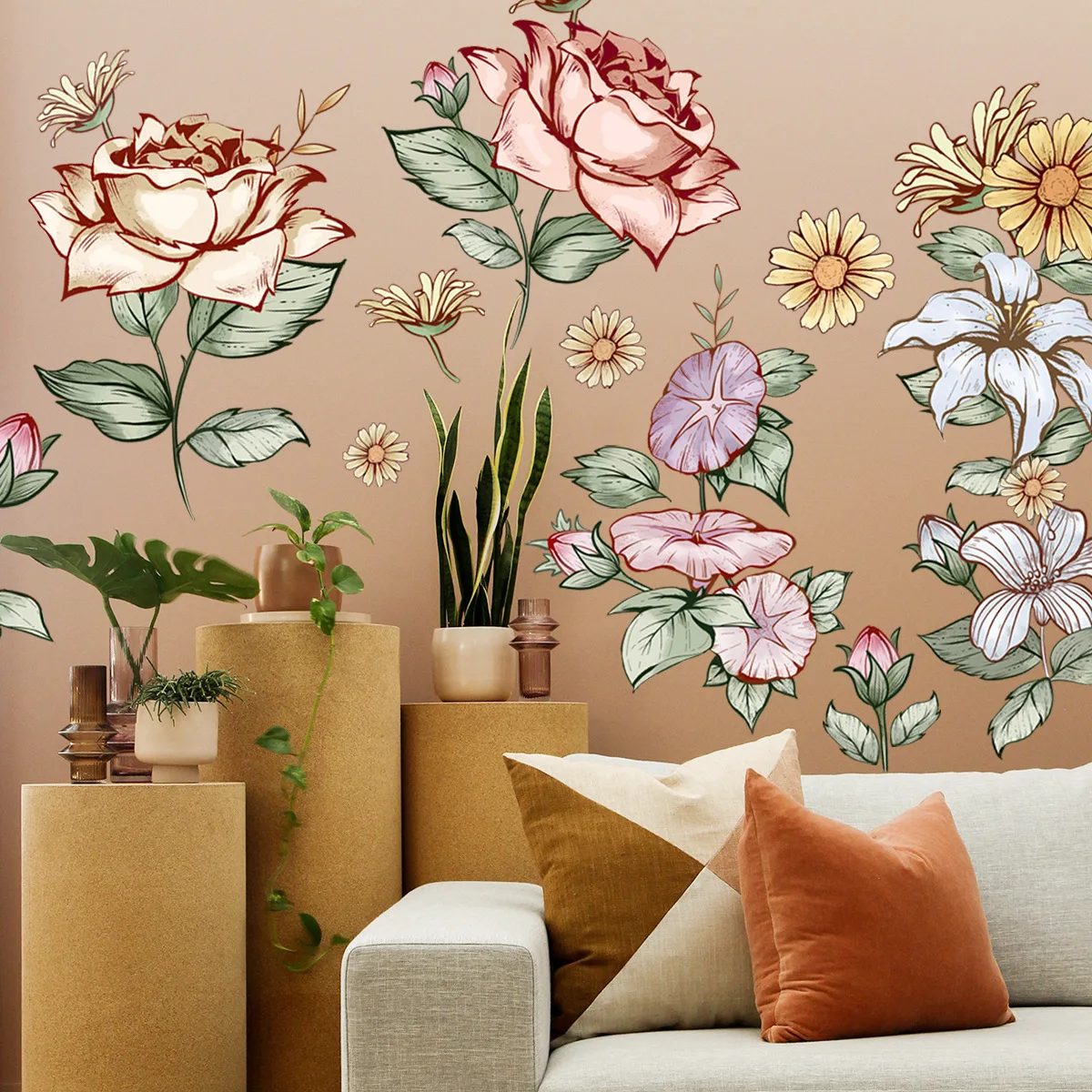 

Самоклеящиеся настенные наклейки из ПВХ, рисунок розами, маргаритками, лилиями, цветочное украшение, домашний декор, ручная роспись