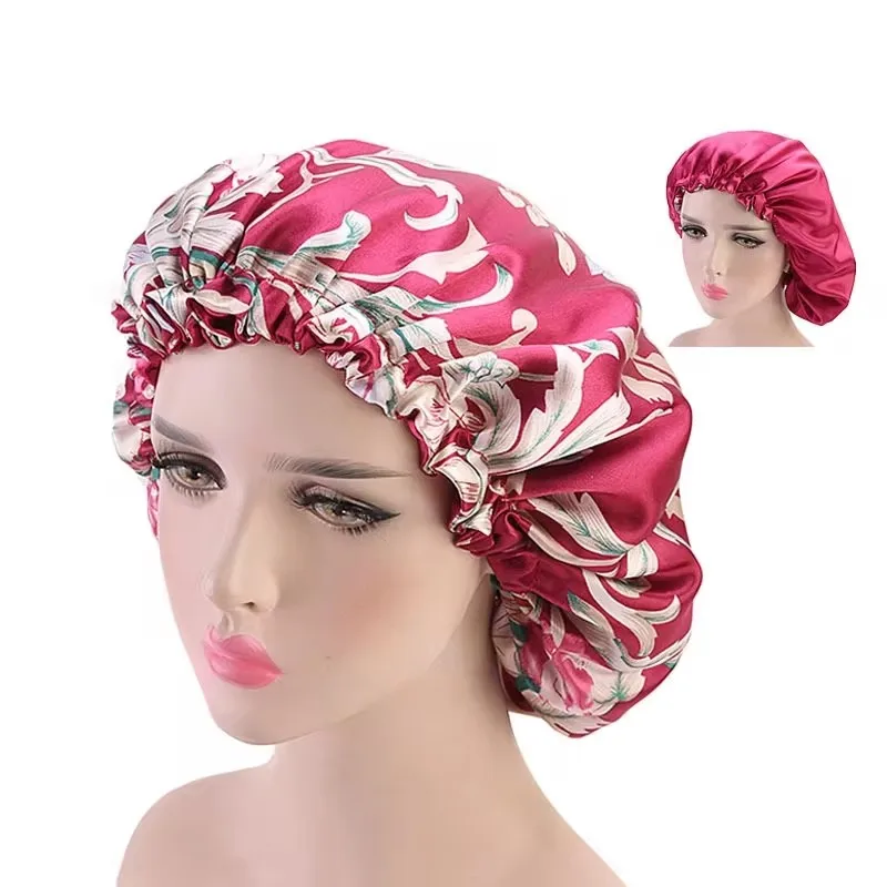 Extra Large Double Layer Silk-like fabric Bonnet Sleep Cap with Premium Elastic Band For Women Head Wrap 6