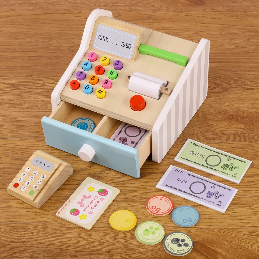 Wooden American cash register cash register card reader wooden card 7 coins 3 banknotes
