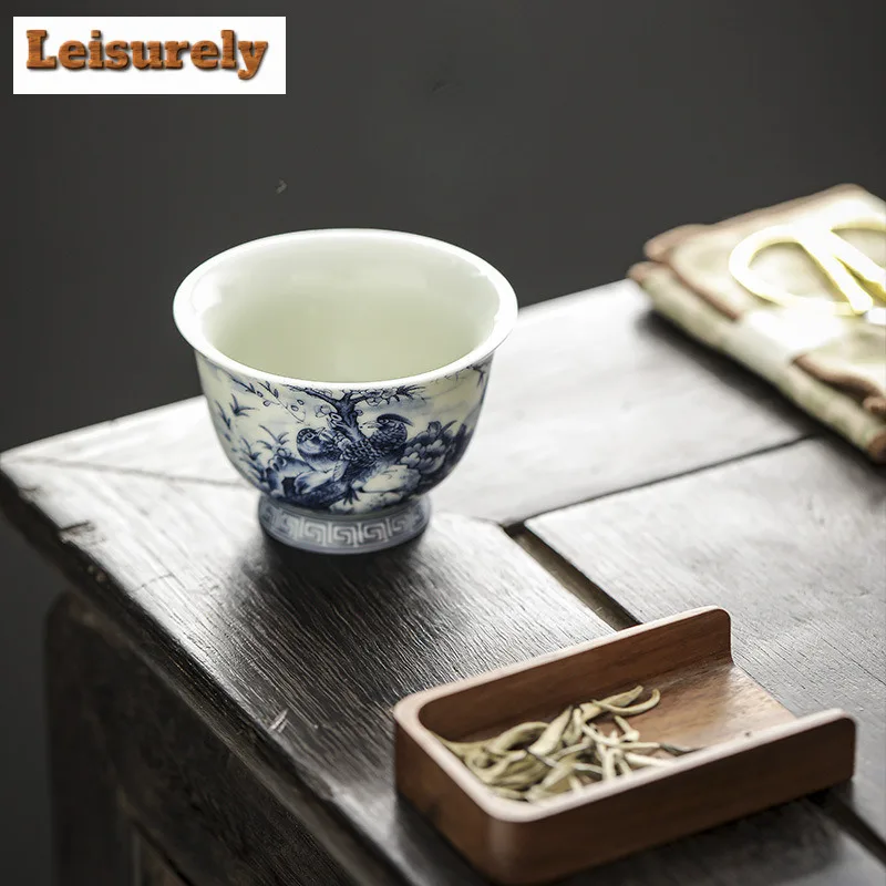 90ml Antique Blue And White Tea Cup Ink Flower And Bird Meditation Master Cup Tasting Guest Cup Personal Tea Bowl Kung Fu Teaset