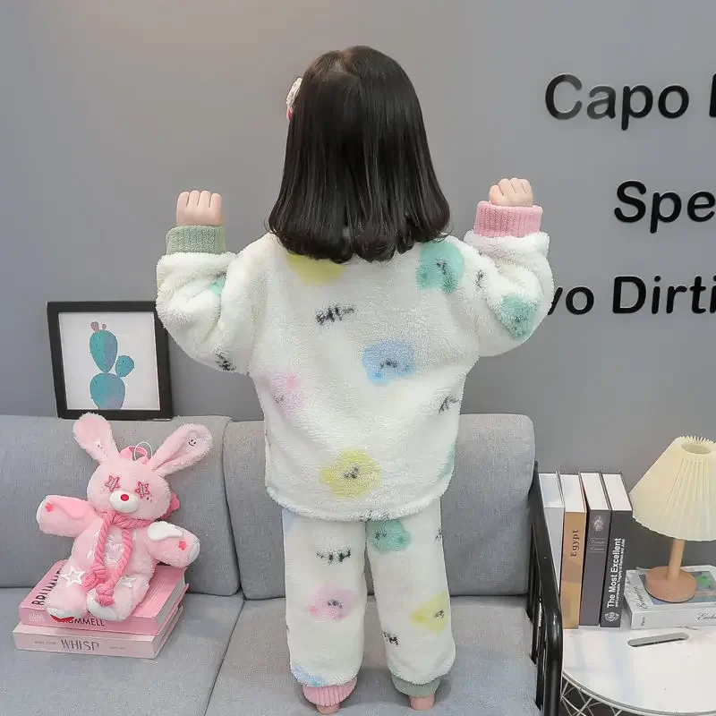 어린이 플란넬 잠옷, 여아 플러스 플리스 가디건, 따뜻한 산호 플리스, 가정 세트 세트, 가을 및 겨울