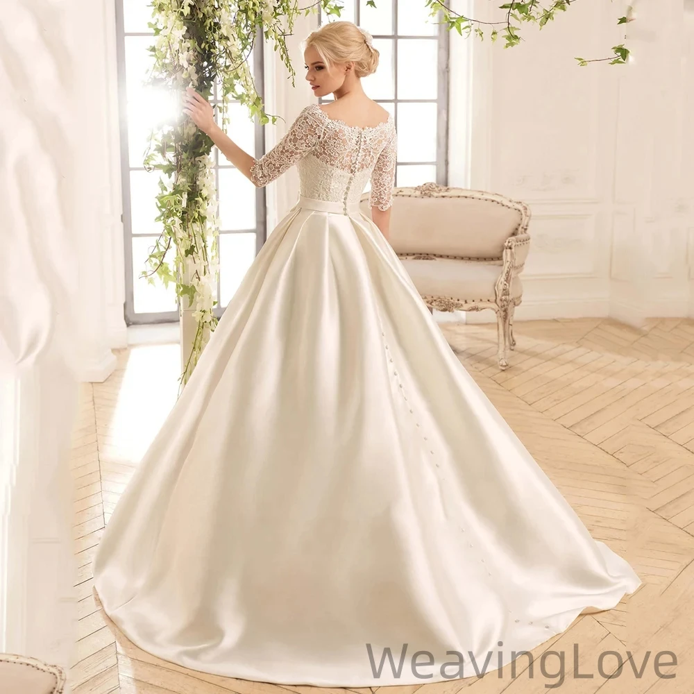 

2023 Elegant Boat Lace Neck A-Line Floor Length Wedding Dress Simple Satin Puffy Vintage Ball Gown Dresses Bridal Gowns Custom