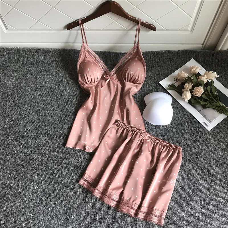 QWEEK Pajamas For Woman Pyjamas Summer Sexy Nightwear Two Piece Satin Set Suit Artificial Silk Home Lace Chest Pad