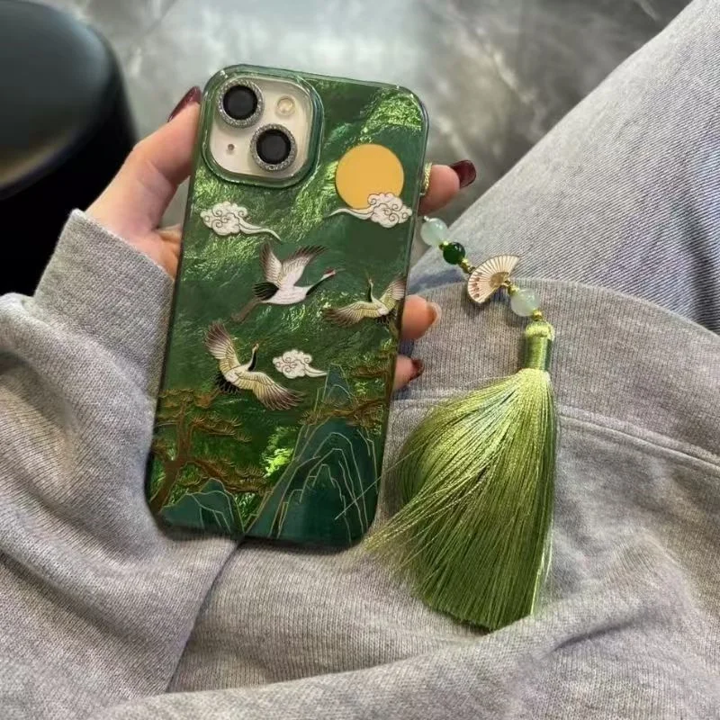 Vortex Pattern High Mountain Auspicious Cloud Crane Phone Case Cover