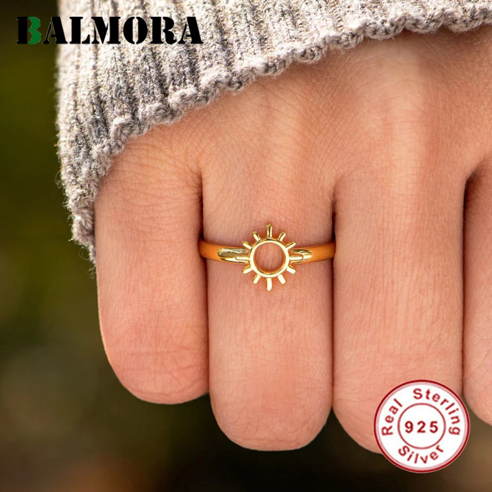 

BALMORA Real 925 Silver Vintage Simple Sun Sunshine Gold Hollow Ring For Women Girl Fashion Trendy Anillos Birthday Jewelry Gift
