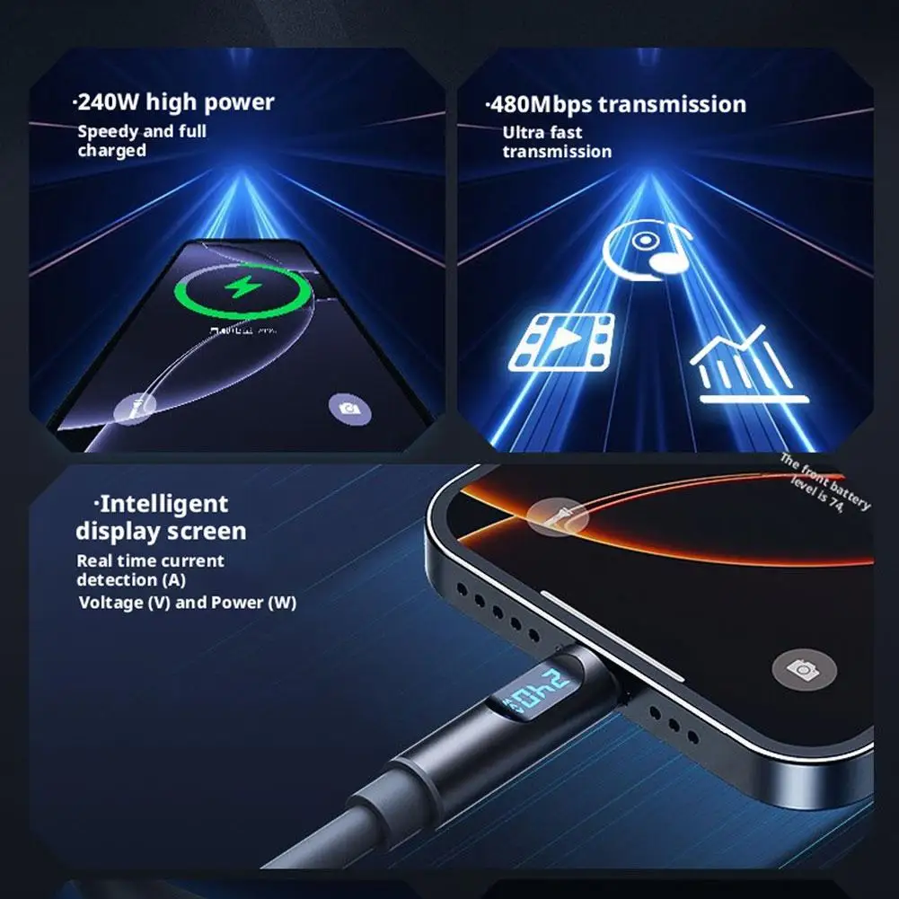 LED 디지털 디스플레이가 있는 USB 3.1 케이블 240W PD3.1 고속 충전 80Gbps 데이터 전송 iPhone Galaxy용 듀얼 8K 디스플레이