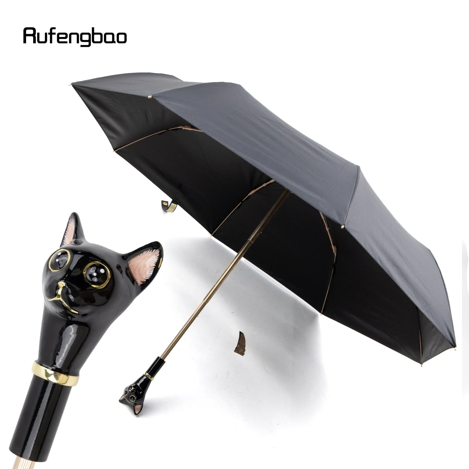 Black Cat Kitten Handle Women Men's Umbrella, Automatic Umbrella, Folding UV Protection Sunny and Rainy Days Windproof Umbrella