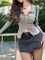 Women T-shirt Spring Autumn Clothes Ribbed Knitted Long Sleeve Short Tops Zipper Design Tee Sexy Female Slim Tops - Image 2