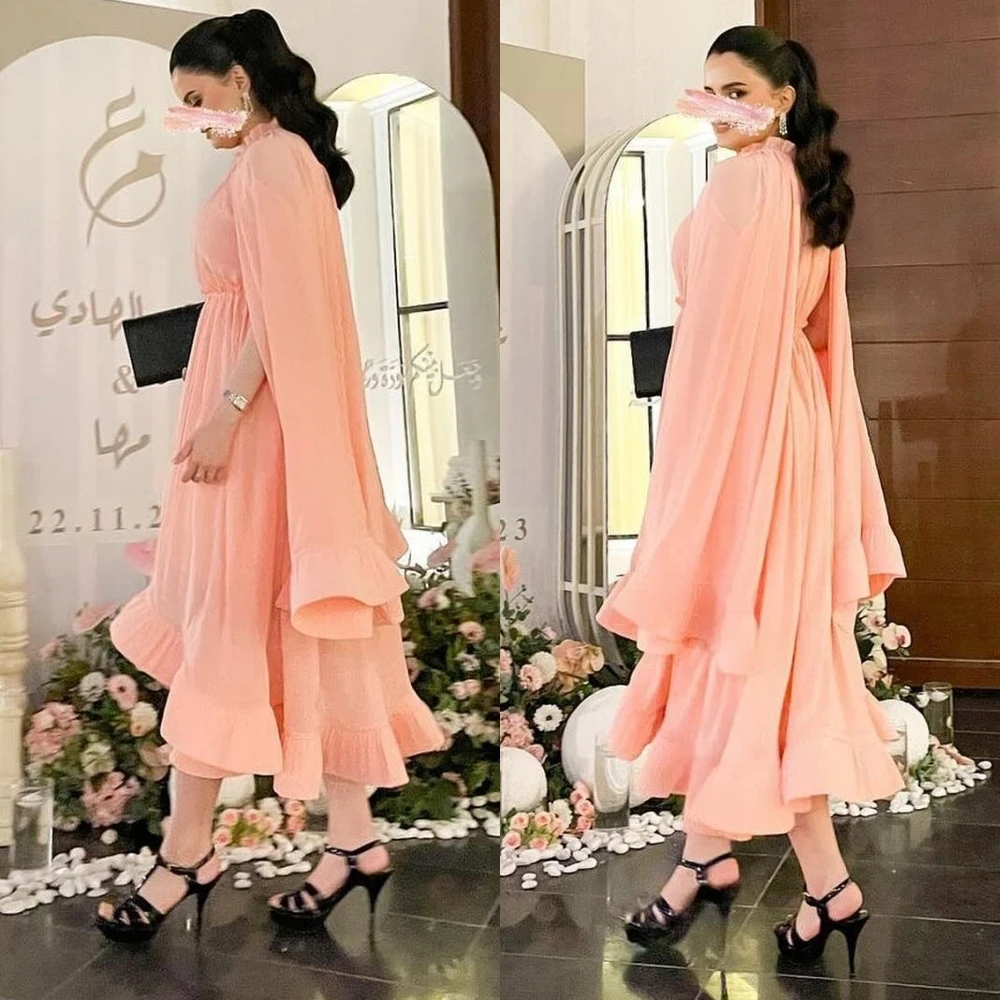 Evening Saudi Arabia Jersey Draped Ruched Homecoming A-line High Collar Bespoke Occasion Gown Midi Dresses