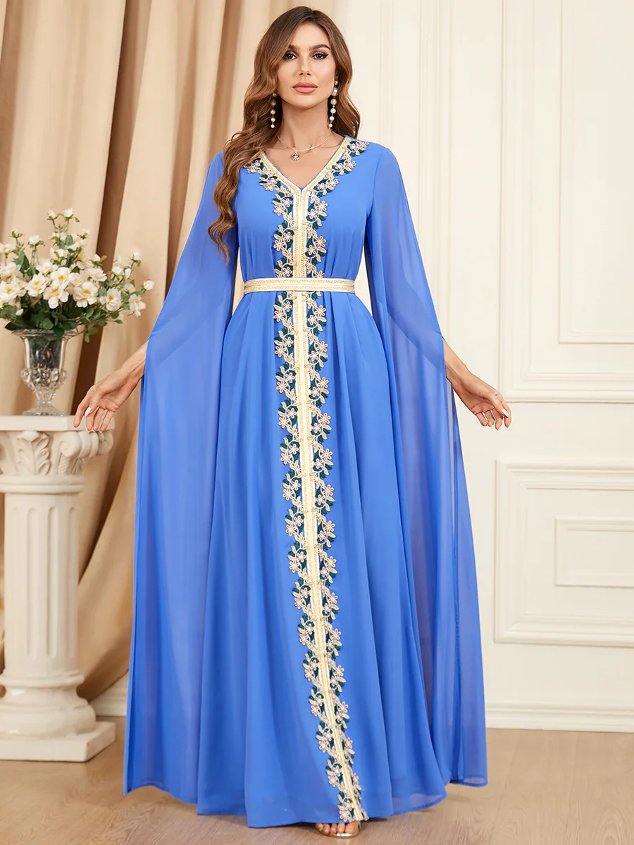 

Kaftans for Woman Luxury Dubai Chiffon Belted Arabic Dress Extra Long Sleeves Turkey Evening Party Abaya Moroccan Gown Ramadan