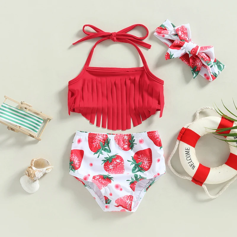 

Baby Swimwear Toddler Girls Swimsuits Bikini Set Solid Color Tassel Tops Strawberry Flower Print Shorts Headband Bathing Suit