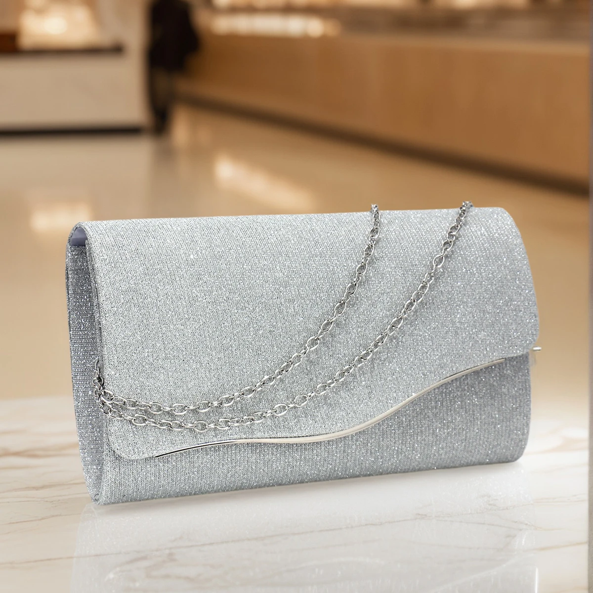Black Glitter Evening Clutch Bag with Shoulder Chain for Women