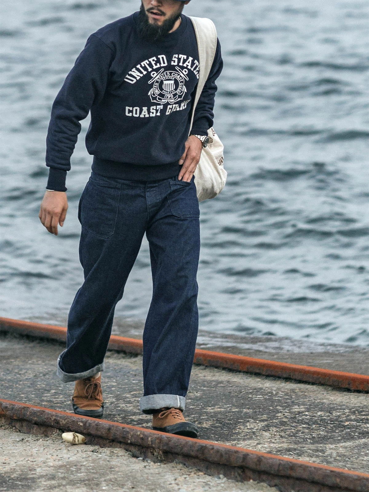 Bronson 1917 Navy Denim Deck Pants Vintage Dungaree Men Selvedge Jeans Loose Fit 3