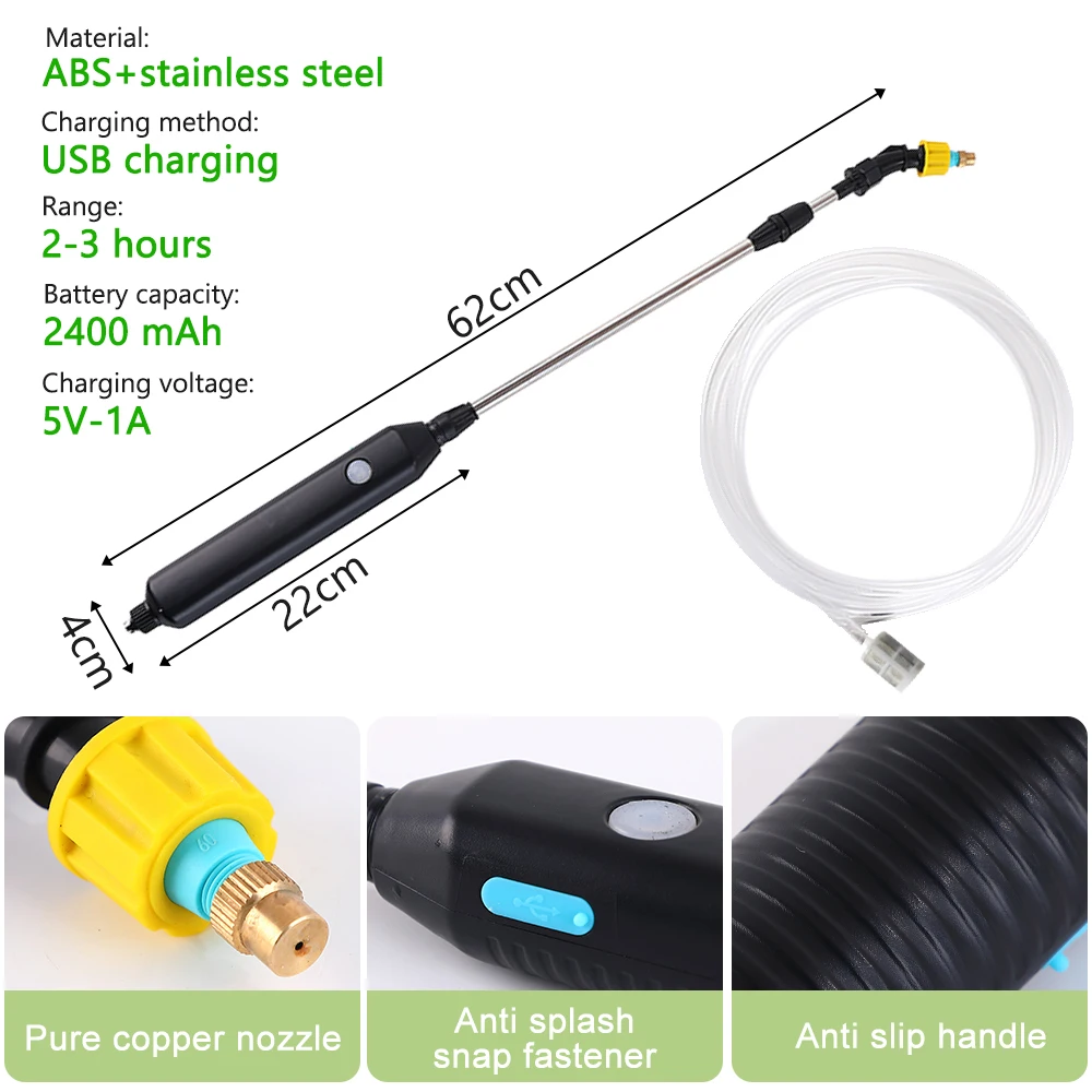 Portable Electric gardening sprayer Irrigation Tool USB 2400mah Rechargeable Telescopic Handle with 3 Nozzles for Yard Plant