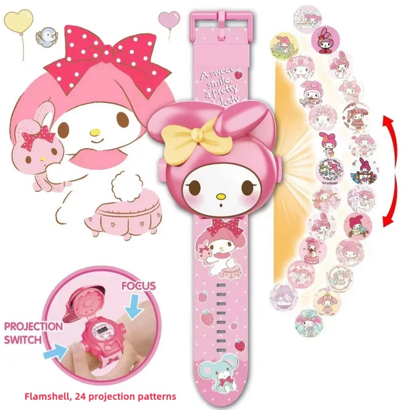 Sanrio Hello Kitty Toys Set 3D Projection Digital Watch Cinnamoroll Kuromi Melody Anime Action Figures Model Toy Kid Gift 3
