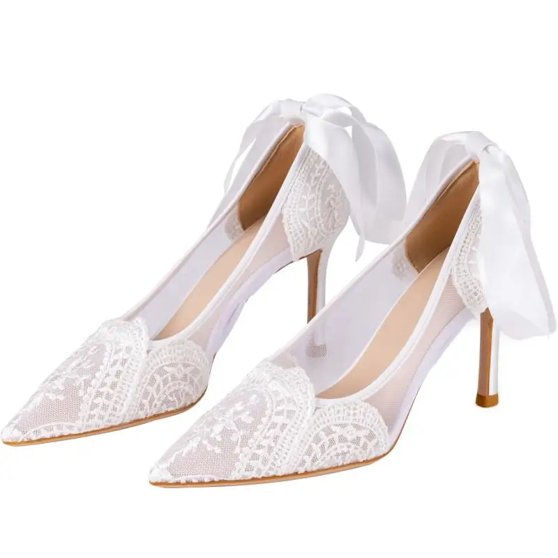 

French Romantic Ribbons Bow White Lace Pumps Bridal High Heels Pointed Toe Wedding Shoes Woman Banquet Fur Pumps
