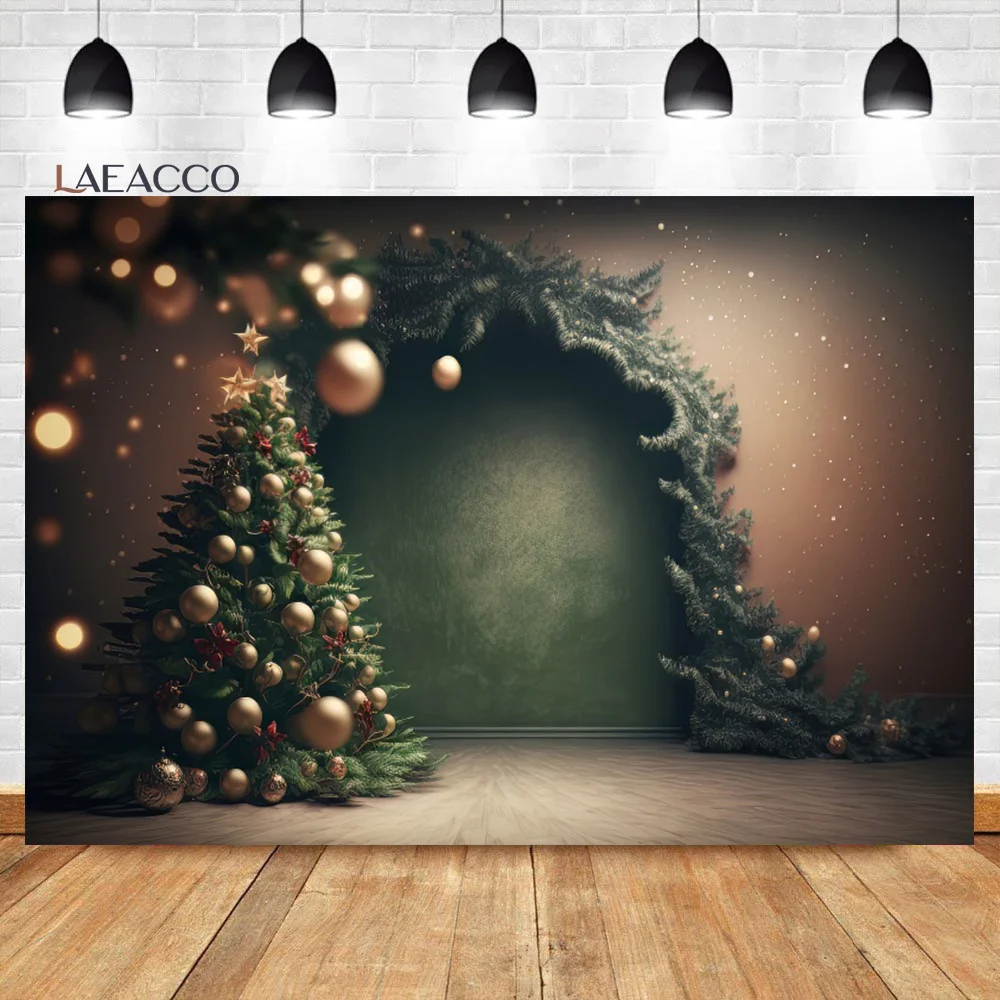 

Laeacco Christmas Rustic Wood Door Backdrop Winter Dreamy Light Bokeh Snowflake Xmas Tree Baby Portrait Photography Background