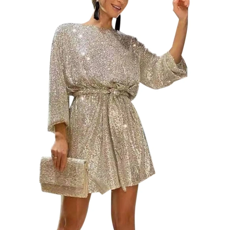 Womens Puff Long Sleeve Glitter Sequin Dress with Belt Evening Wedding Bridesmaid Sparkly Loose Fit Mini Short Dresses