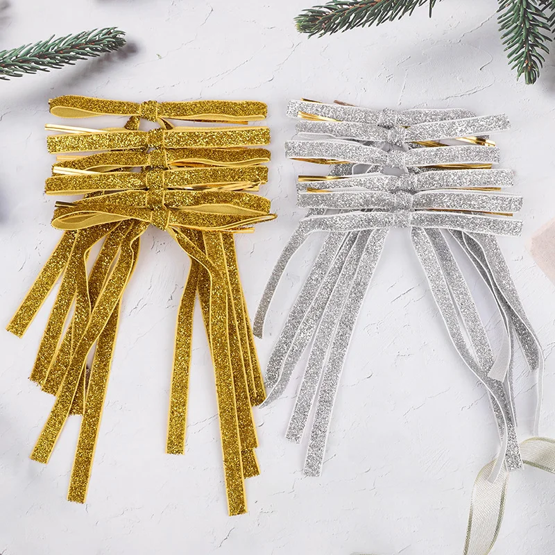 12pcs Red Gold Velvet Bow Christmas Tree Hanging Ribbon Bow Glitter Ornaments DIY Crafts 2025 Christmas Party Gift Decorations
