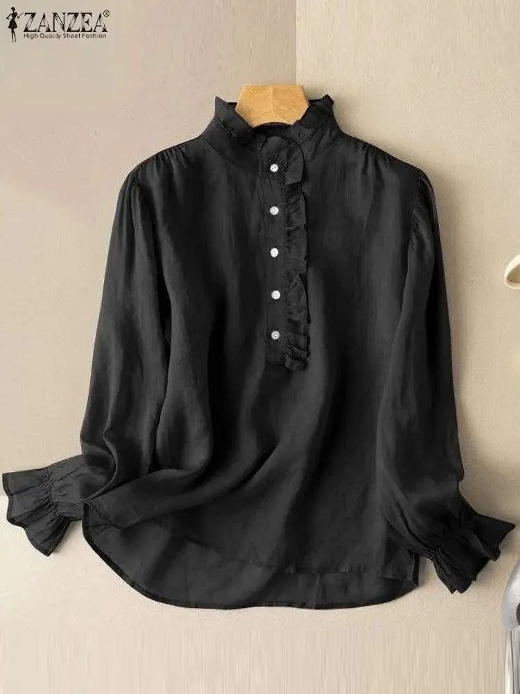 

ZANZEA Women Elegant Lace Fungus Ruffled Edge Blouse 2023 Autumn Round Neck Sweety Top Vintage Solid Lantern Sleeve Pleats Tunic