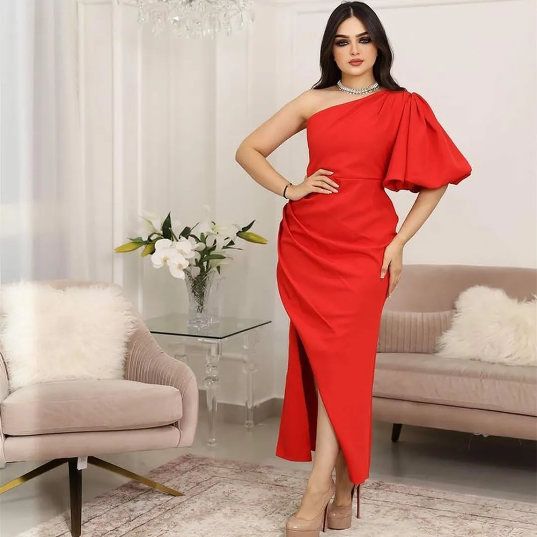 

Long Satin Red Evening Dresses Mermaid One Shoulder Side Slit Prom Gowns Robes de soirée Party Dresses Вечерние платья