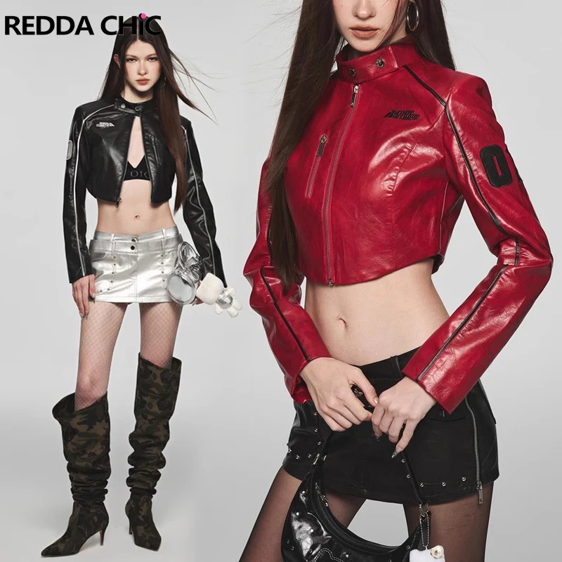 

ReddaChic Faux Leather Cropped Jacket Women's Coat Moto Cyberpunk Y2k Bomber Jacket Autumn Casual Long Sleeves Statue Outerwear