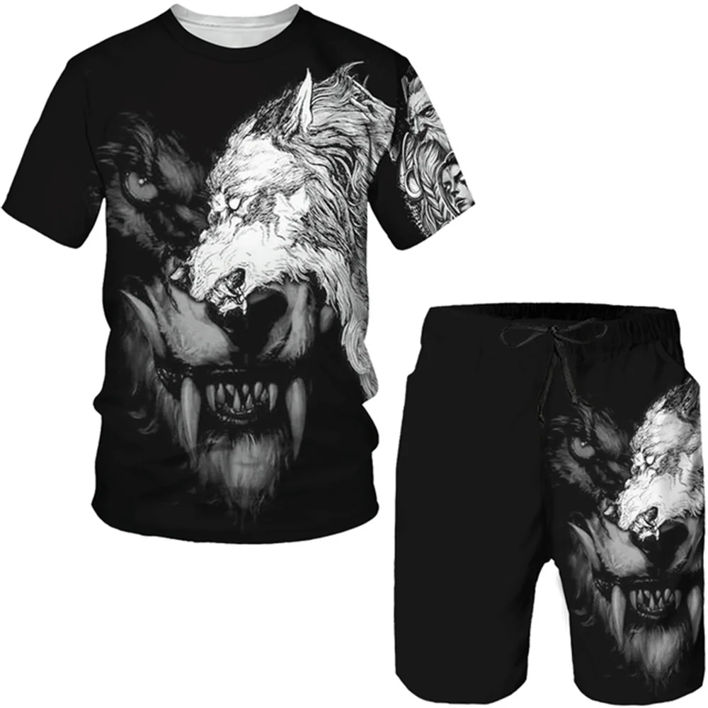 

3D Wolf Print Sports Shorts Male Clothes Outfit Men's Sets Summer Short Sleeve Tshirt Suit Fashion 2 Piece Men's Sets Tracksuit