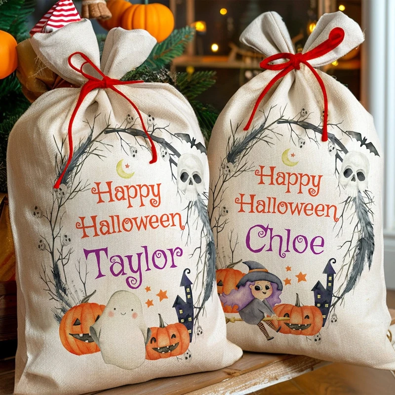 Personalisierter Name Happy Halloween Kordelzug Süßigkeitentüte Benutzerdefinierte Festival Party Dekoration Geschenke für Kinder Jungen Mädchen Süßes oder Saures