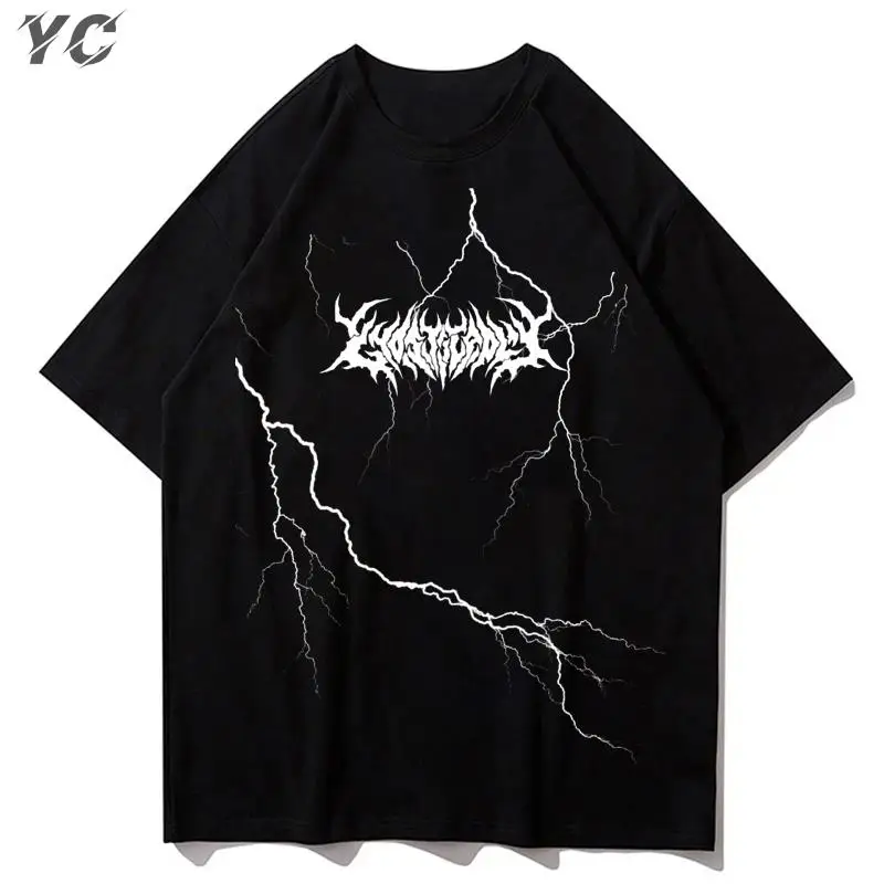

Hip Hop Men's T-Shirts Black Flash Print Gothic Short Sleeve Tshirt Y2k Summer Harajuku Women Streetwear Cotton Tops Casual Tees