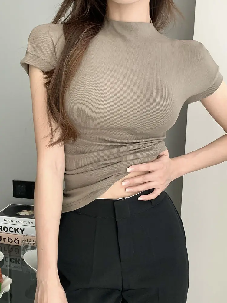 WTEMPO Női Rövid ujjú póló Fél garbó Nyári Trend All-match Top Sexy Slim T-shirt Egyszínű Y2k Top 2023469_voghion.com