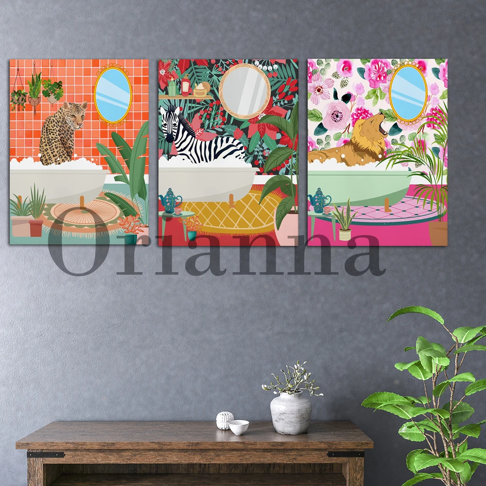 

Cheetah Zebra Lion In Bathroom Funny Colorful Printable Poster Wall Decor Art Print Office Dorm Decoration Canvas Painting Gift