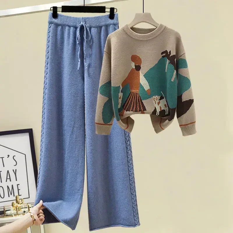 

2024Autumn Winter Women's Suit 2022 New Korean Fashion Round Neck Sweater Top Temperament Casual Wide Leg Pants Two-piece Set