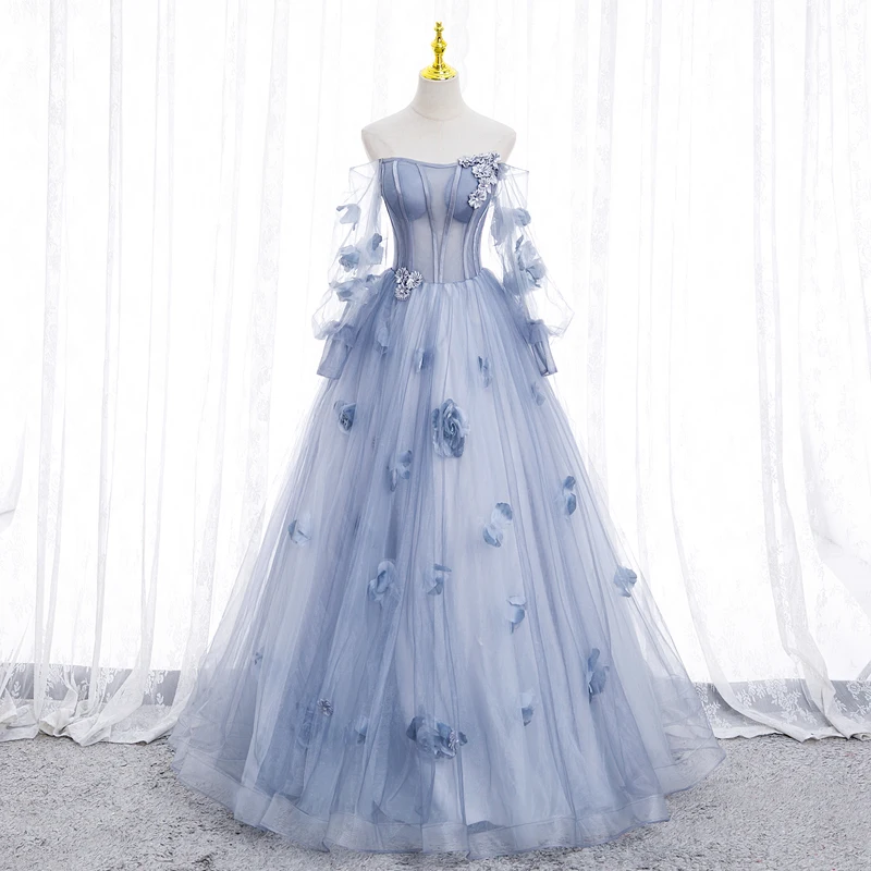 Blue Quinceanera Dress Tulle Appliques Flowers Detachable Sleeeve Strapless Ball Gown