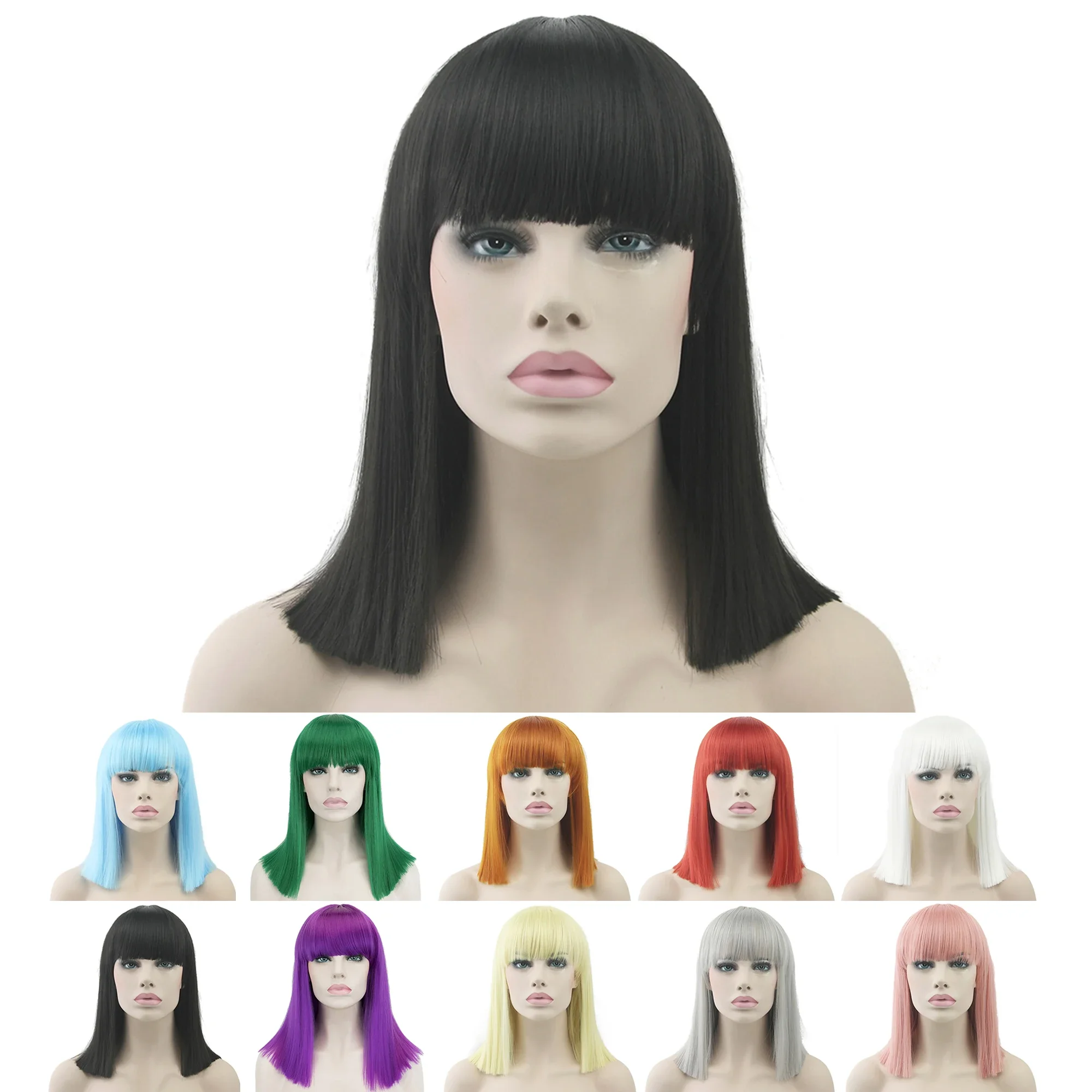 

10 Colors Synthetic Hair Heat Resistant Black Color Hair Wig Party Straight Short Thick Cosplay Wigs for Women