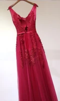 Women Burgundy Evening Dress Lace Appliques Tulle V-Neck Sexy Backless Prom Dresses A-Line Floor-Length Sleeveless Party Vestido - Image 4
