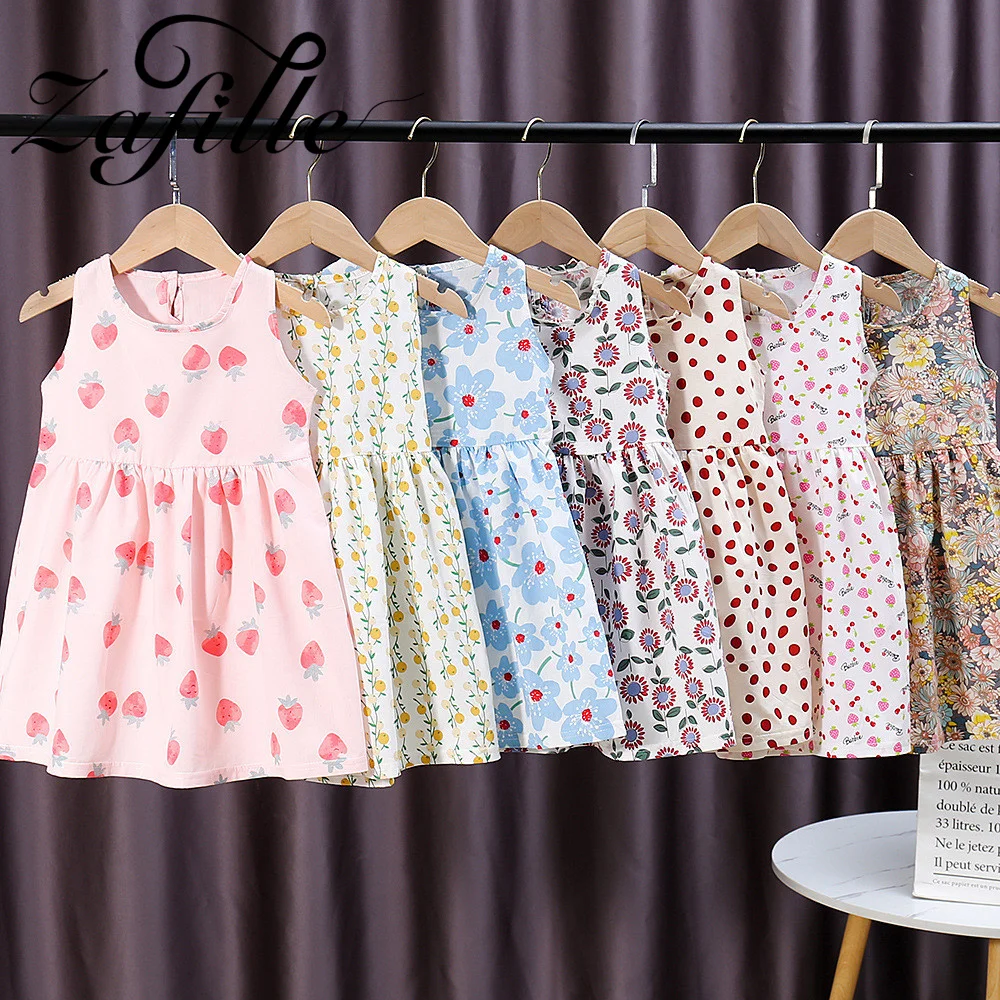 

ZAFILLE Kids Girls Dress Summer Sleeveless Outfits Baby Clothes 100% Cotton Girls Sleepwear Dress Floral Printed Children Skirts