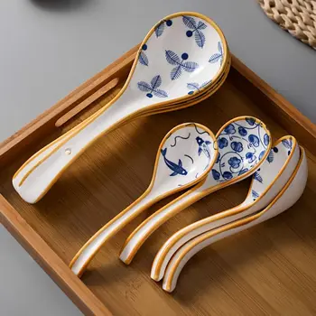 일본식 절묘한 블루 패턴 세라믹 수프 스푼, 긴 손잡이, 국수 수프, 만두, 완탕 수프, 쌀 스푼 식기