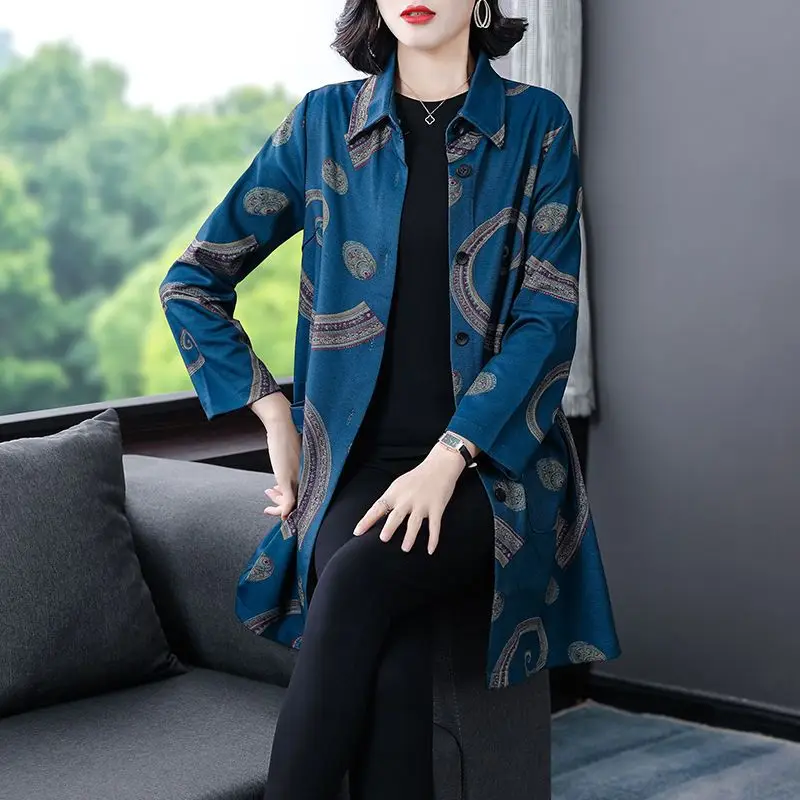 Women's Polo Neck Trench Spring and Autumn Midi Fashion 2023 New Middle-aged Trendy Printed Long Sleeved Pockets Cardigan Coat