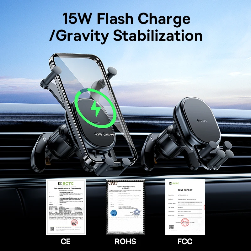 Baseus Wireless Charger Car Phone Holder Sucker 15W Fast Charging Charger Windshield Dashboard for iPhone Samsung Stand Mount