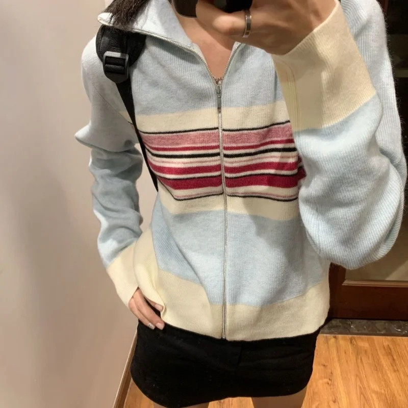 Deeptown 여성용 하라주쿠 스트라이프 스웨터, 빈티지 지퍼 니트 가디건, 한국 패션 스트리트웨어 니트웨어, 미적 슬림