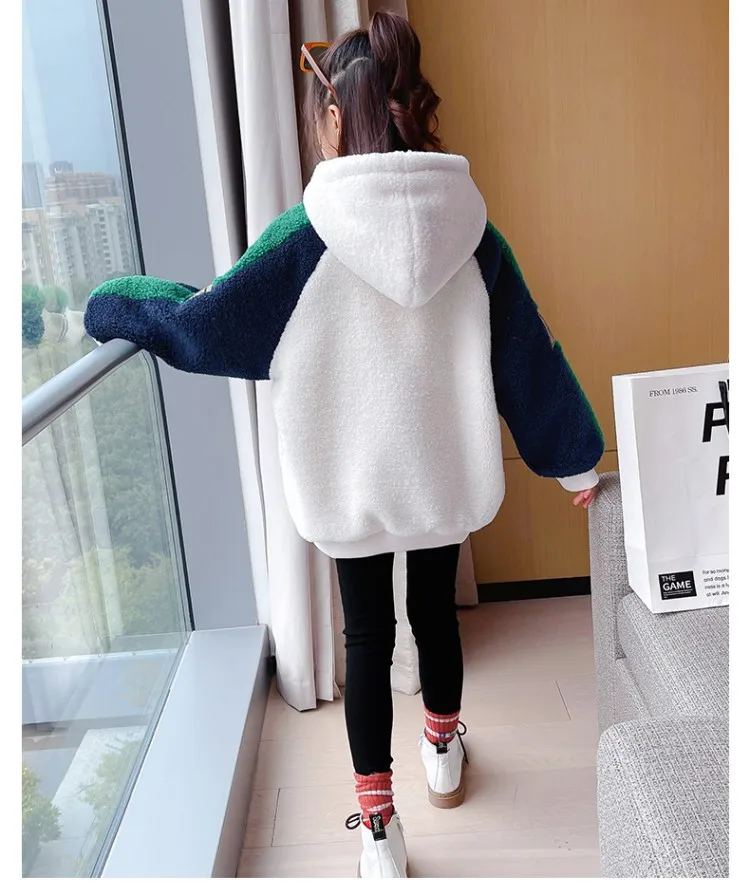 Wool Hooded Jacket  Autumn Winter Girl Coat Zip Warm Fur Thicken Clothing Kids Teenage Fashion Hood Lamb Woolen Plush Teens Jackets Outerwear Coats for Girls in Navy Blue white