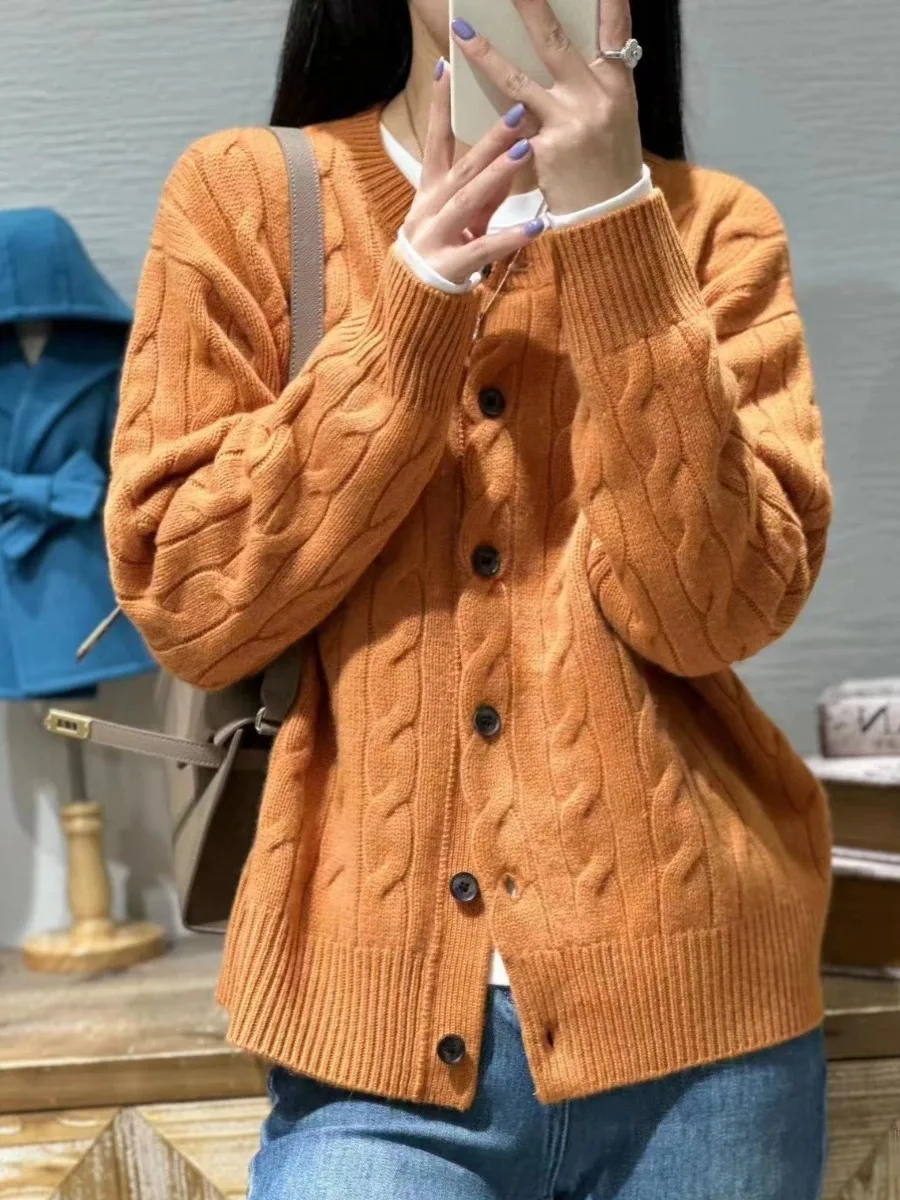 여성용 캐시미어 가디건, 크루넥 두꺼운 트위스트 스웨터, 루즈하고 게으른 스타일, 100% 순수 울 니트 코트, 조수, 가을 및 겨울
