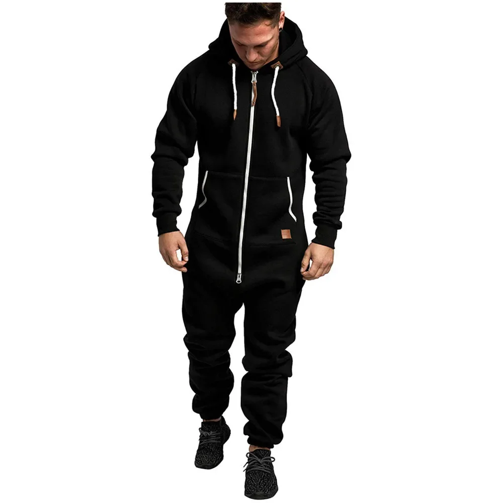 

Men’ S Jumpsuit Set Solid Long Sleeve Hooded Fleece Playsuits Male Keep Warm Romper for Autumn and Winter Pantalones Hombre