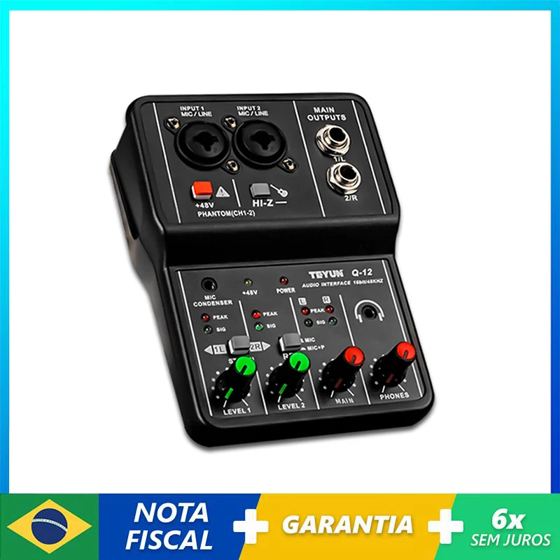 TEYUN-Profissional Placa De Som De Áudio Com Monitor, Gravação De Guitarra Elétrica, Transmissão Ao Vivo, Canto, Computador, PC, Estúdio, Q-12