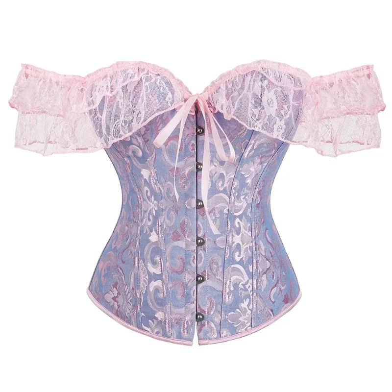 Plus Size Frauen Korsett Satin Jacquard Über brust Korsett Gothic Vintage viktoria nischen sexy Kostüm Shirt Tops Kurzarm – Detail 29