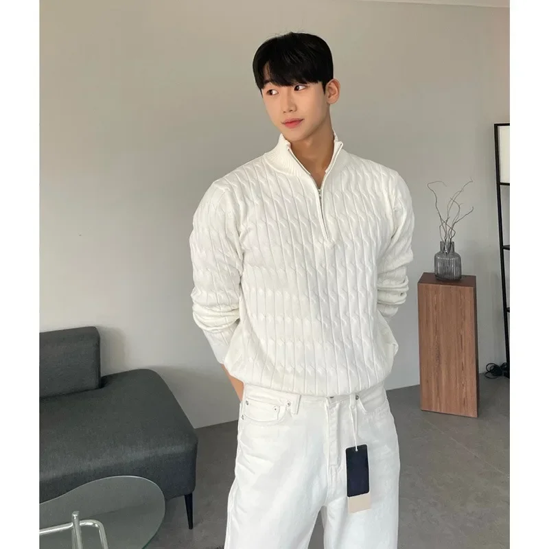 남성용 하이 엔드 레이지 느낌 하프 폴로 터틀넥 지퍼 스웨터, 긴 소매 니트 탑, 세련된 다용도 재킷