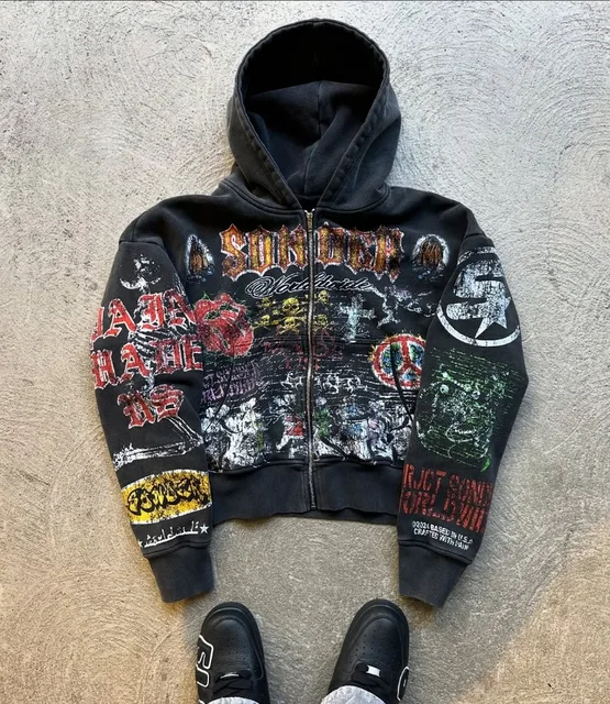 Y2k American Fashion Personality Versatile Anime Printed Zipper Hoodie Men Vintage Goth Dark Style Oversized Sweatshirt Women 5