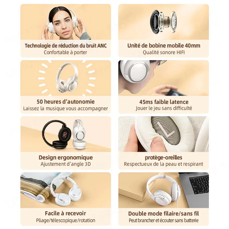 선택 레노버 TH40 무선 블루투스 5.1 이어폰, 스포츠 스마트 ANC 소음 감소 헤드폰, 45ms 저지연 하이파이 헤드셋