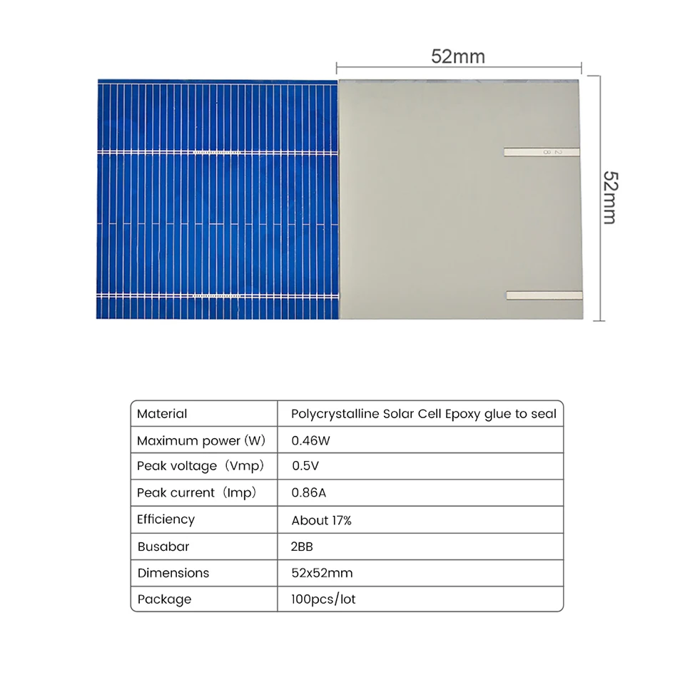 Célula de Bateria, Carregadores de Telefone, 0.5V, 0.46W, 52x52mm, 100Pcs